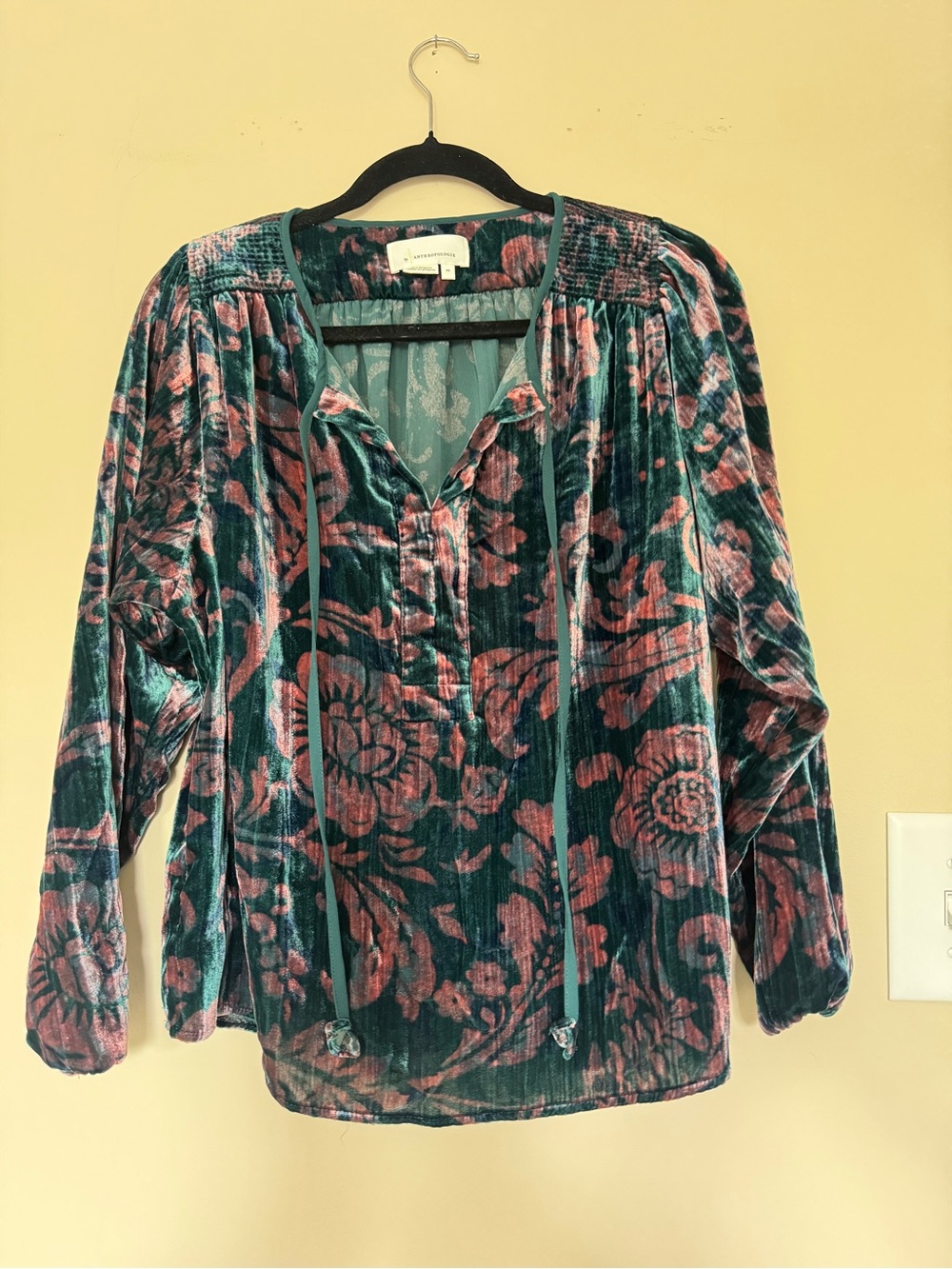 Anthropology Floral Velvet Peasant Top in Teal and Pink